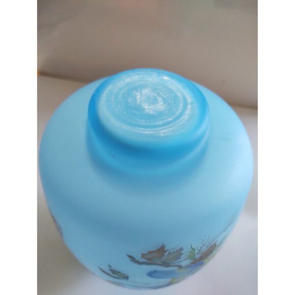 Vintage Blue Satin Glass Hand Painted Birds Vase Japan 7 1/2" - Picture 7 of 11